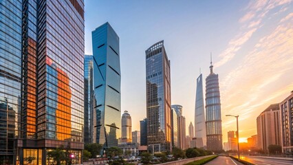 Stunning Sunrise Cityscape Modern Skyscrapers and Golden Hour Reflections