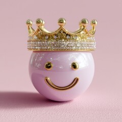 3D Render of Smiling Pink Sphere with Golden Crown on Pink Textured Background