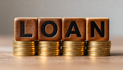 Leather textured blocks embossed with LOAN letters above gold coins