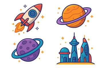 Space exploration icon set. Vector cartoon illustration collection. Rocket ship launch, futuristic city colony, saturn and planets. Galaxy travel stickers for kids design.