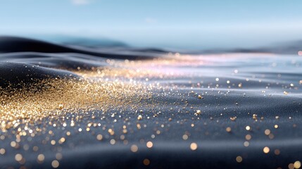 Abstract 3D Wave Render of Golden Particles Against a Blurred Sky