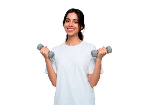 Young woman exercising with dumbbells in casual wear on transparent background, PNG