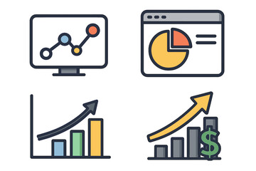 Data analysis icon set vector. Business analytics symbols. Financial growth chart, graph, diagram. Marketing report metrics, digital dashboard. Statistic, trend, profit.