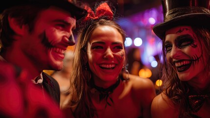 group of people in the night club Halloween party  nightclub smiling young woman costume balloons happy fun festive face paint
