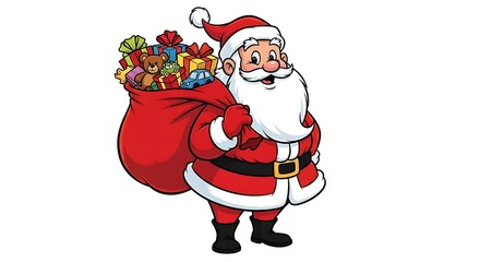 Illustration of santa claus carrying a red sack full of christmas gifts and toys on a white background