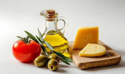 Fresh tomato, olives, olive oil, and cheese on a cutting board
