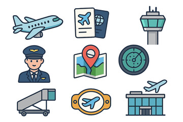 Air travel and aviation icon set. Airport element collection with airplane, pilot, passport, ticket, control tower, radar, and navigation map. Vector line art illustration.
