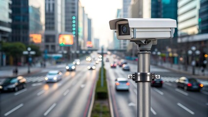 White surveillance camera overlooking busy city street