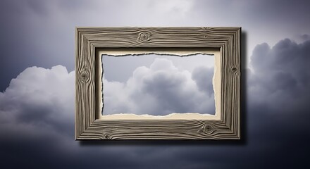 A wooden frame, cutout within, against a dramatic sky filled with fluffy, layered clouds