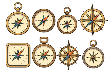 Compass set vector collection for navigation and travel. Vintage and retro cartoon style icons. Old antique marine symbols for direction, adventure, exploration and discovery.