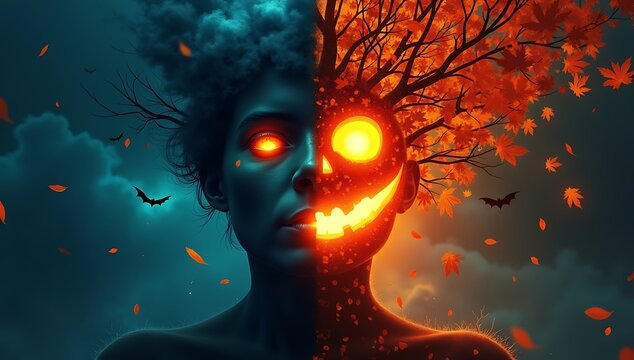 Human face split into two halves, one side filled with dark storm clouds, bats, creepy branches, and glowing eyes, other side lit by warm lantern light, jack-o&rsquo;-lantern smile, and soft falling autumn 