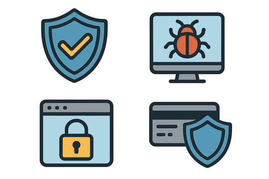 Online security and cyber protection icon set. Vector symbols for internet safety, data privacy, malware detection, secure connection, and financial transaction protection.