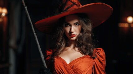 brunette woman wearing red witch had holding broomstick black background Halloween mysterious serious facial expression