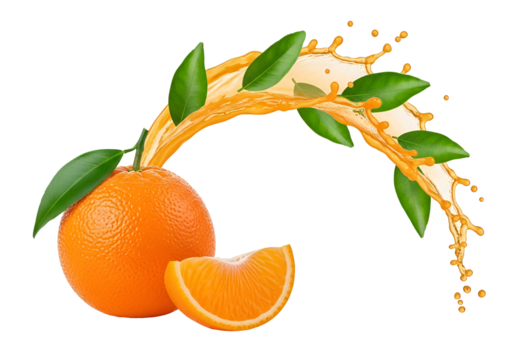 A vibrant orange with juice splashes and fresh leaves against a dark background.