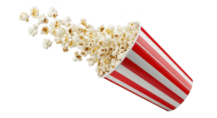 Red and white striped popcorn box spilling popcorn isolated on transparent background