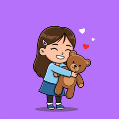 A cheerful child hugs a smiling teddy bear, surrounded by floating hearts on a purple background—radiating warmth, love, and playful charm.