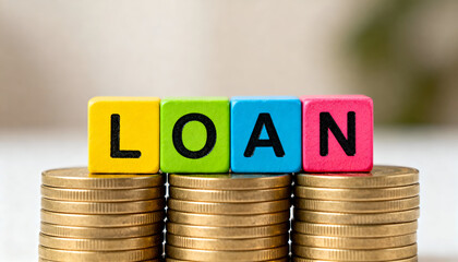 Colourful cubes in bright matte shades spelling LOAN on coin stacks
