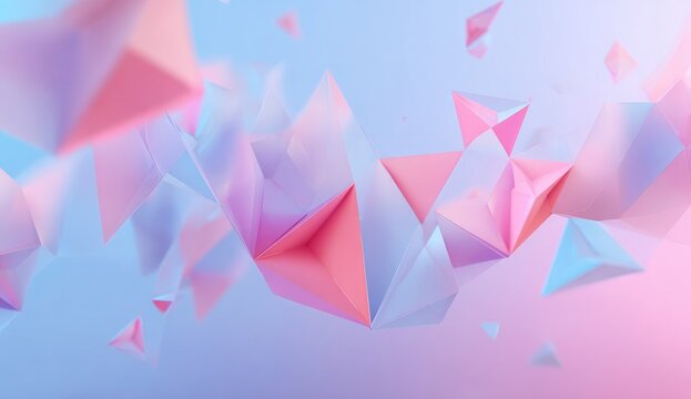 Abstract pastel pink and blue triangular shapes float in a soft, dreamy light, creating a sense of depth and movement