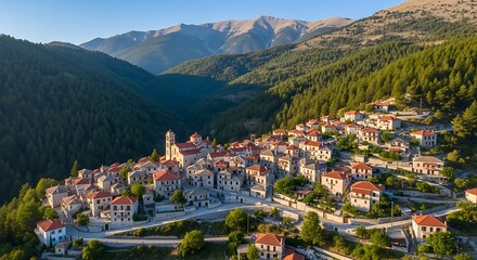 Picturesque mountain village nestled in valley.