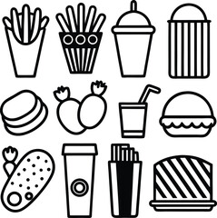 Collection of fast food icons for graphic design and digital art includes burgers fries drinks and desserts