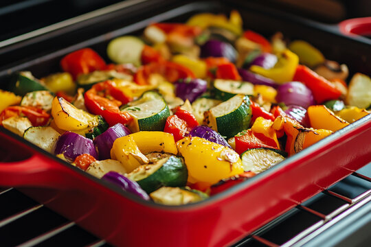 Closeup of colorful roasted vegetables in a red baking dish