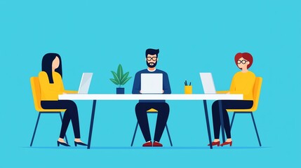 Diverse group solving business problems at bright desk, flat design illustration