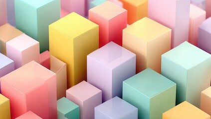 Fototapeta premium Abstract pastel-colored cubes of varying heights and sizes create a dynamic, three-dimensional cityscape effect with a glossy, reflective surface