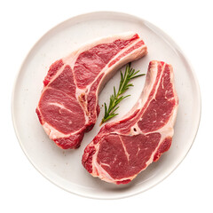 Two Raw Lamb Loin Chops with Rosemary on White Plate meat