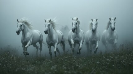 Majestic white horses galloping through a misty field