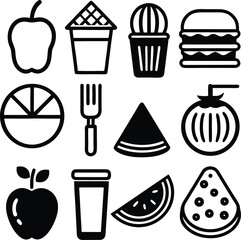 Set of 12 food icons representing fruits vegetables desserts and drinks icons for apps and websites
