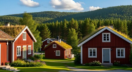 Obraz premium Red wooden houses with grass roofs in a scenic landscape.
