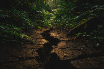 Obraz premium Cracked earth reveals dry path through lush forest during daylight hours