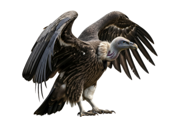 A magnificent griffon vulture with outstretched wings against a stark black background, showcasing intricate feather details and powerful form.