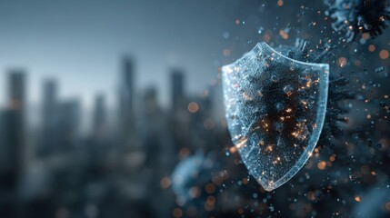 Transparent digital shield with glowing particles protects a blurred cityscape, symbolizing cybersecurity and data protection in a technological environment.