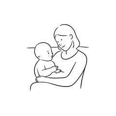 Black and White Vector Illustration of a Beautiful Mother Caring for Child in Minimalist Line Art Style