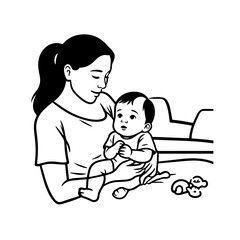 Black and White Vector Illustration of a Beautiful Mother Caring for Child in Minimalist Line Art Style