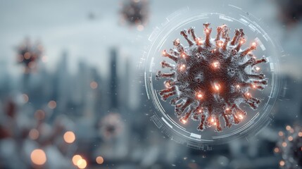 A detailed digital illustration of a virus particle with glowing points, set against a blurred cityscape background with tech-inspired circular interface elements.