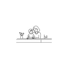 Black and White Vector Illustration of a Beautiful Mother Caring for Child in Minimalist Line Art Style