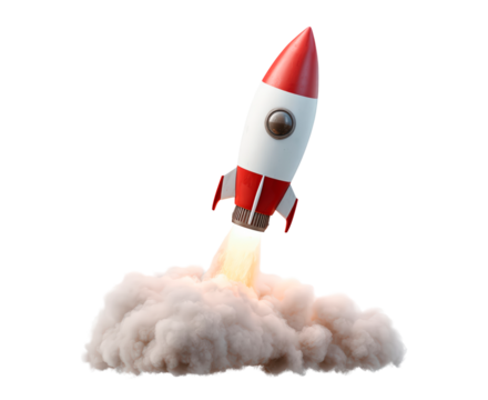 Red and white rocket launching amidst billowing smoke cloud on transparent background, PNG