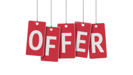 Five red hanging tags spelling out the word offer in white letters isolated on transparent background