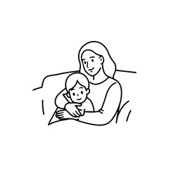 Black and White Vector Illustration of a Beautiful Mother Caring for Child in Minimalist Line Art Style