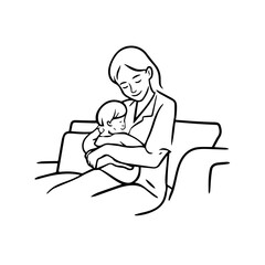 Black and White Vector Illustration of a Beautiful Mother Caring for Child in Minimalist Line Art Style