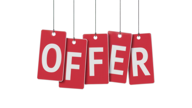Five red hanging tags spelling out the word offer in white letters isolated on transparent background