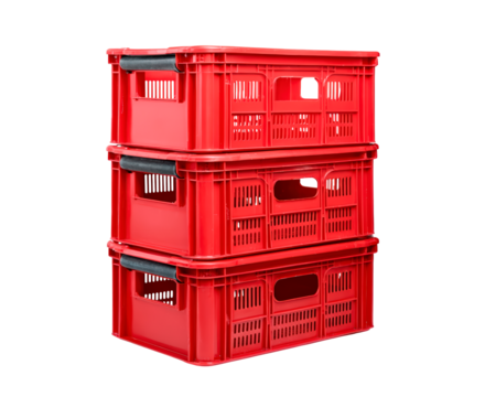 Stacked red plastic crates with black handles on transparent background, PNG