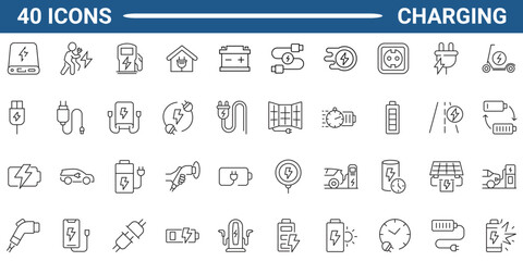 Charging line icon set. Includes harge, battery, energy, electricity, charger, recharge, electric car and charging station. Editable stroke. Vector illustration