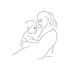 Black and White Vector Illustration of a Beautiful Mother Caring for Child in Minimalist Line Art Style