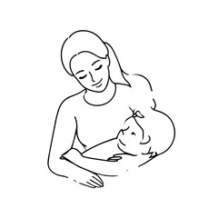 Black and White Vector Illustration of a Beautiful Mother Caring for Child in Minimalist Line Art Style
