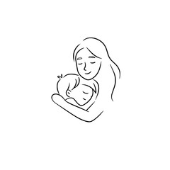 Black and White Vector Illustration of a Beautiful Mother Caring for Child in Minimalist Line Art Style