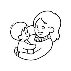 Black and White Vector Illustration of a Beautiful Mother Caring for Child in Minimalist Line Art Style