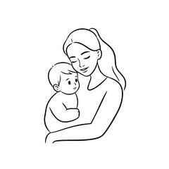 Black and White Vector Illustration of a Beautiful Mother Caring for Child in Minimalist Line Art Style